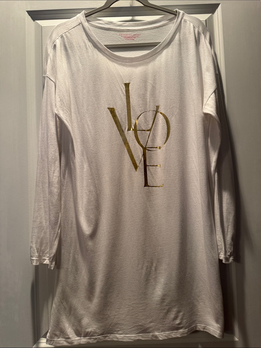 Victoria's Secret White Long-Sleeve Sleep Tee with Gold LOVE Graphic